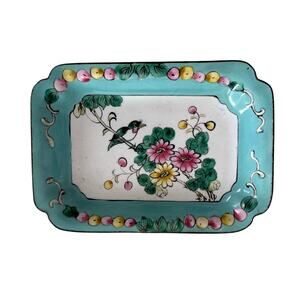 Vintage Chinese Canton Hand Painted Enamel Tray Bird & Floral Design